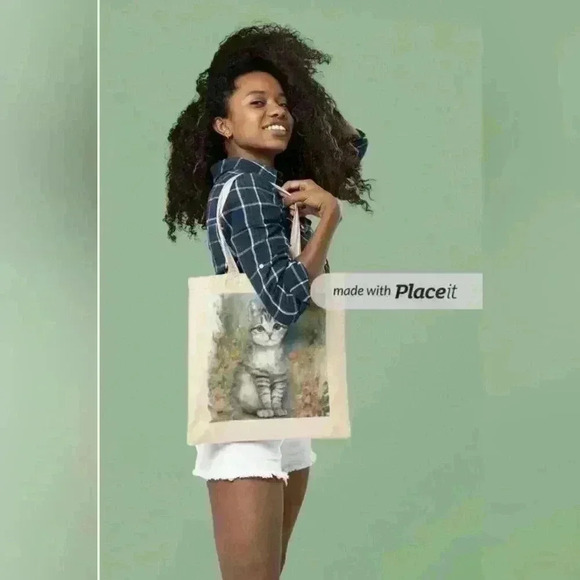 - Vintage painted cat print on a tote recyled bag - Picture 3 of 3